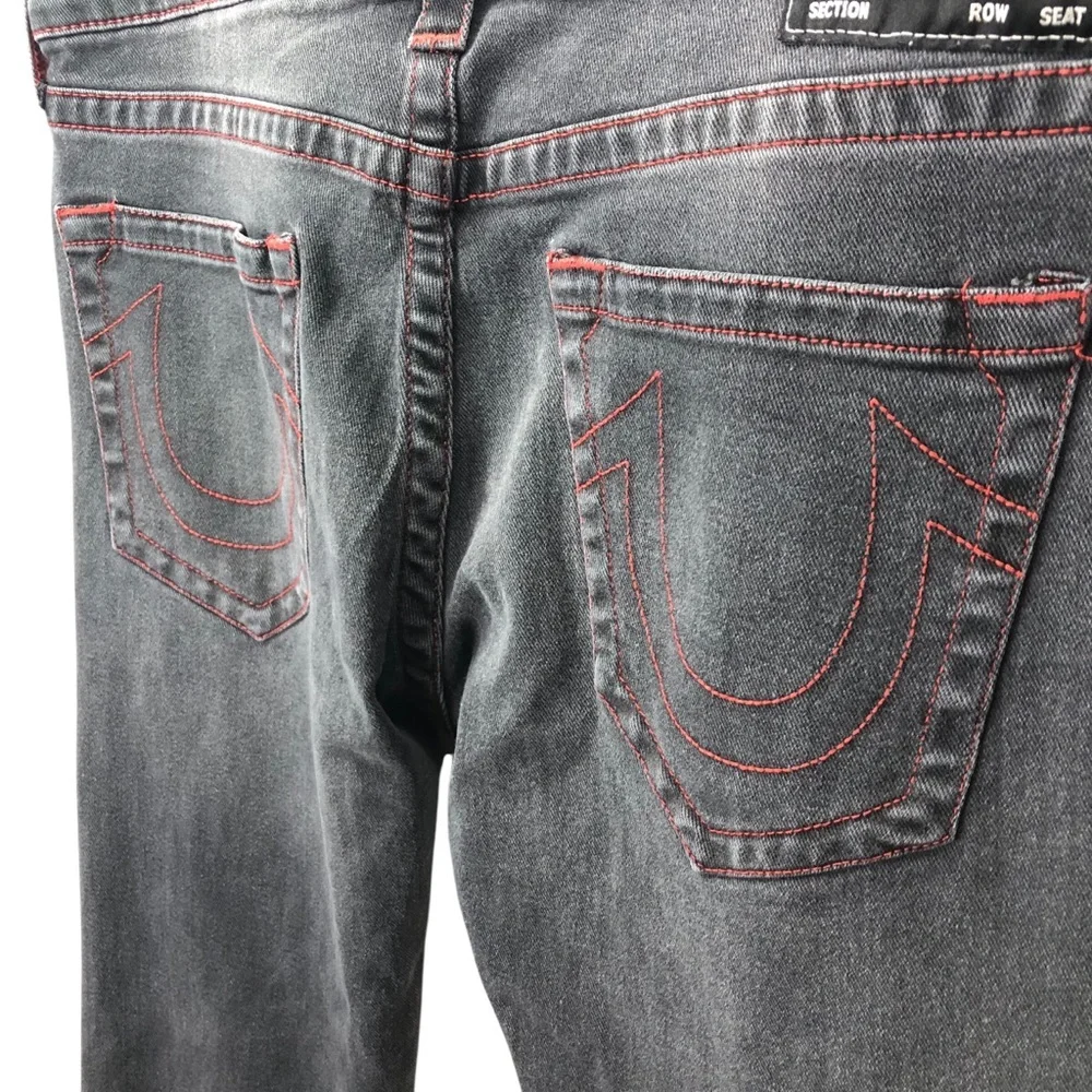 True Religion Men’s Ricky Relaxed Jean Sz 34X33 Washed Black Red Stitch Ripped